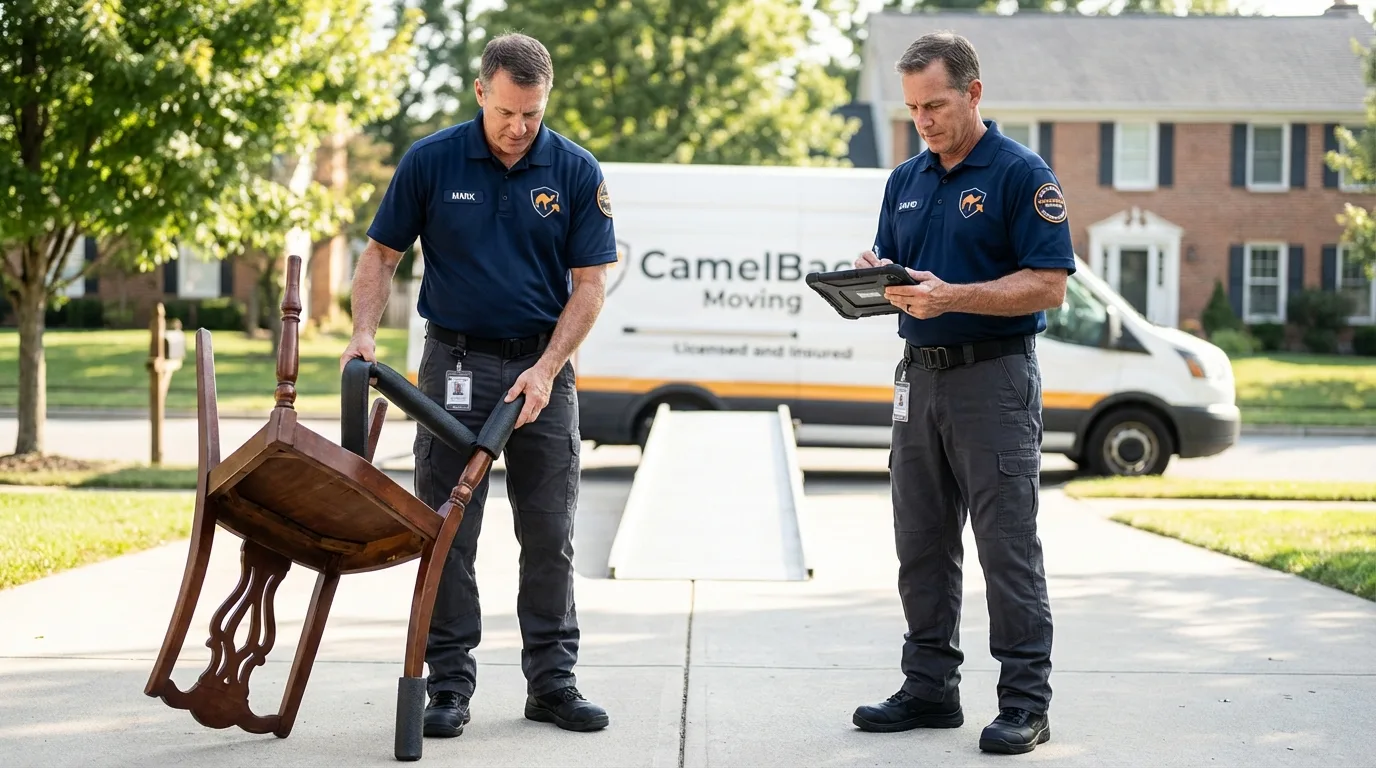 Movers inspecting furniture for damage prevention before loading in Lake Stevens, WA