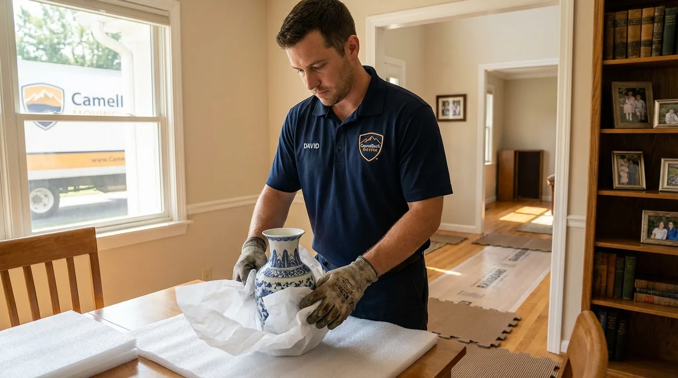 Professional crew carefully wrapping antique vase for senior downsizing move in Lake Stevens, WA